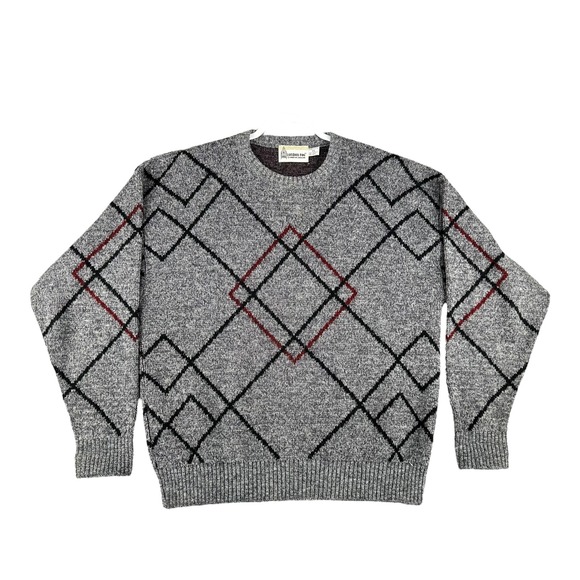 Vintage London Fog Argyle Sweater Gray Black‎ USA Wool Blend Mens Size X-Large - Picture 1 of 7